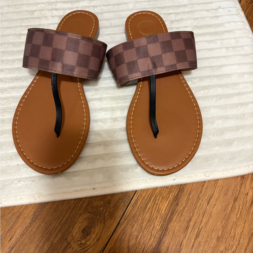 Brown Checkered Slide Sandals